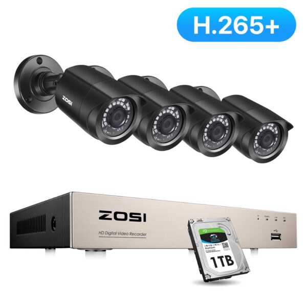 ZOSI H.265+ 8CH CCTV System 4PCS 1080p Outdoor Weatherproof Security Camera DVR Kit Day/Night Home Video Surveillance System